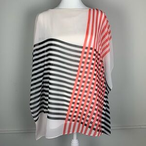 Calvin Klein Red Black White Striped Chiffon Kaftan Top Shirt Size Small